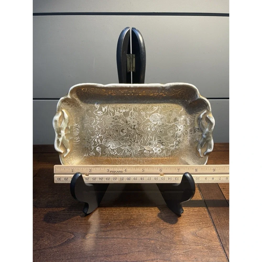 Vtg STOUFFER German SMALL GOLD LEAF Engraved OVER PORCELAIN TRAY Vanity Dish